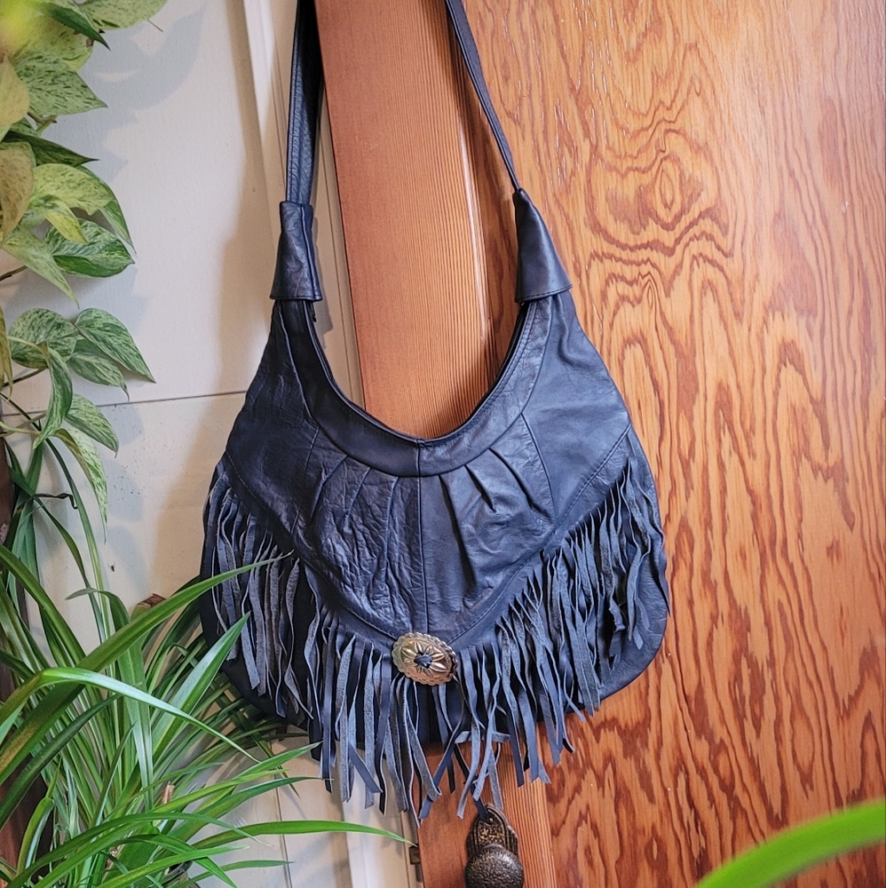 Vintage Blue Leather Fringe Shoulder Bag - Picture 2 of 14